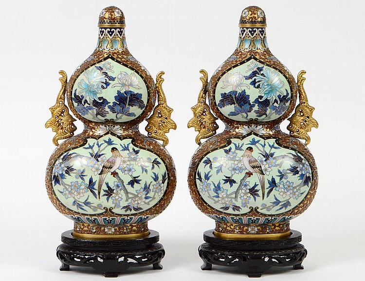 Appraisal: PAIR OF CHINESE CLOISIONNE DOUBLE-GOURD LIDDED VASESWith gilt scrolled dragon-form