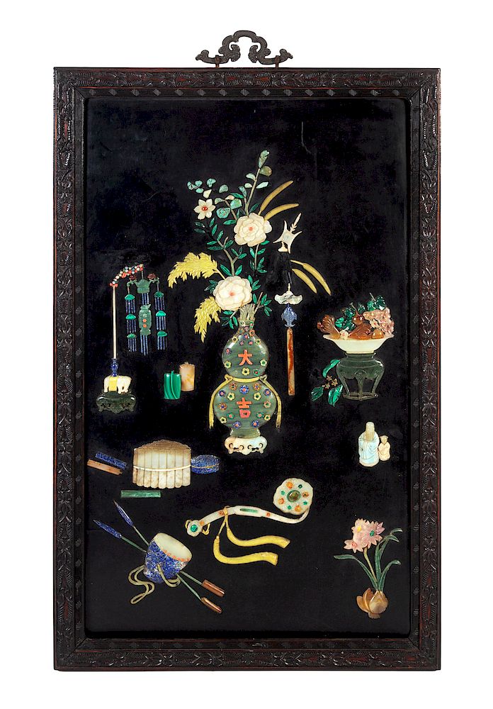 Appraisal: A Chinese Hardstone Inset Black Lacquered Rosewood Wall Panel Height