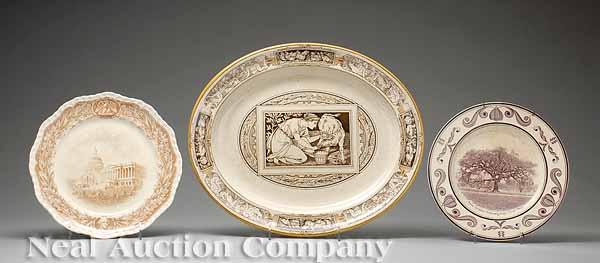 Appraisal: Three Vintage English Transfer-Decorated Ironstone Items comprising a plate entitled