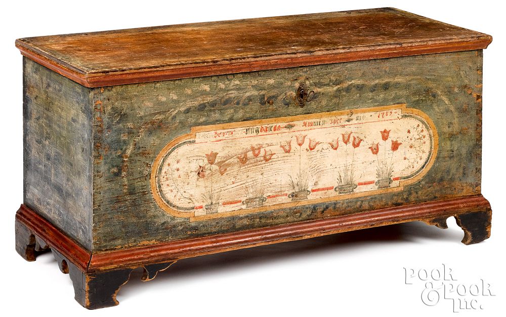 Appraisal: Pennsylvania painted poplar dower chest Lancaster Pennsylvania painted poplar dower