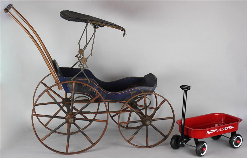 Appraisal: EARLY DOLL BUGGY WITH BRAID TRIMMED ADJUSTABLE CANOPY AND STENCILING