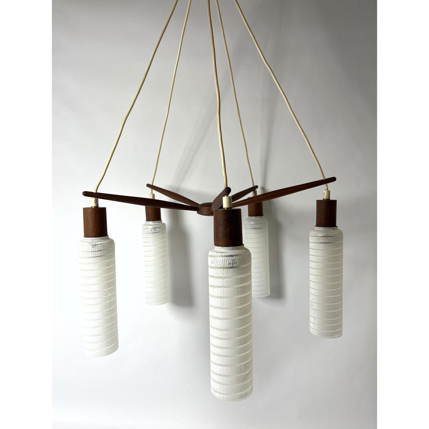 Appraisal: DANISH MODERN Teak and Glass Chandelier Pendant Lamp Star Form