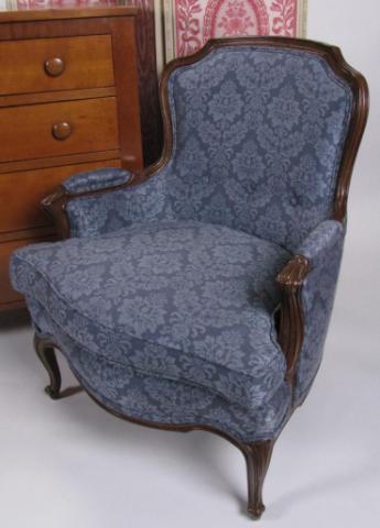 Appraisal: Vintage French style upholstered arm chair with blue brocade upholstery