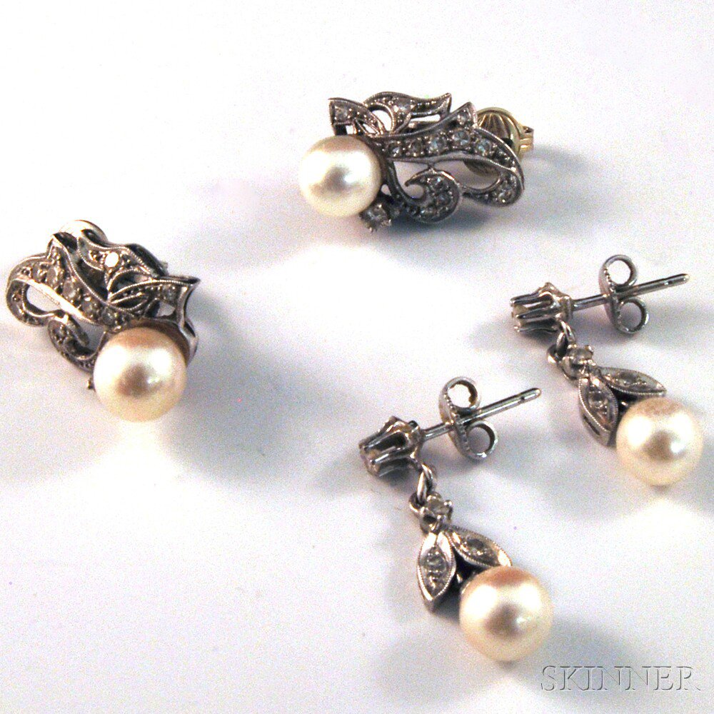 Appraisal: Two Pairs of kt White Gold Pearl and Diamond Earrings