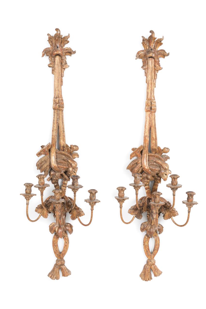 Appraisal: PAIR ROCOCO STYLE GILTWOOD CANDLE SCONCES Pair of French five