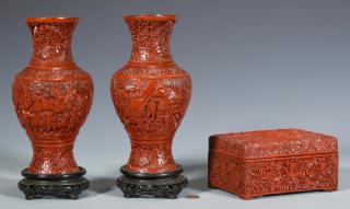 Appraisal: Chinese Cinnabar Vases Box st nd items Pair of Chinese