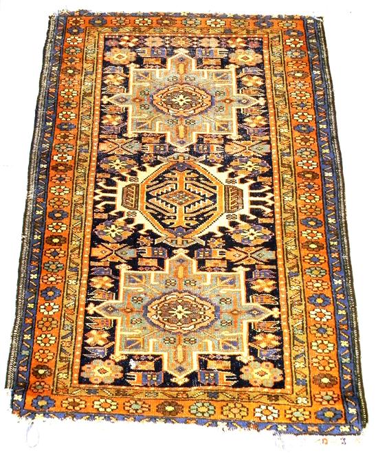 Appraisal: Antique Persian Karaja orange and camel accents ends unravelled worn