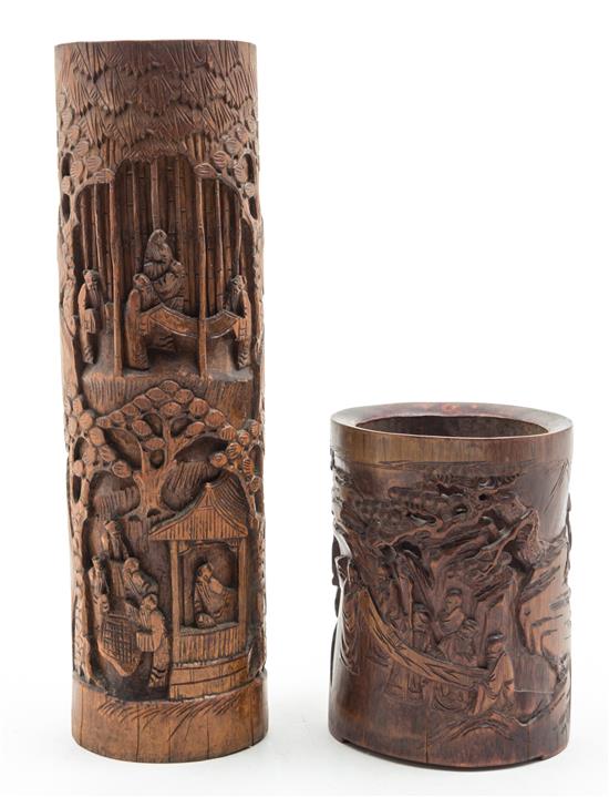 Appraisal: Sale Lot Two Carved Bamboo Brush Pots each depicting scholars