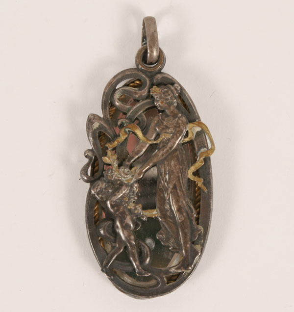 Appraisal: Art Nouveau figural tooled silver and mixed metal mirror pendant