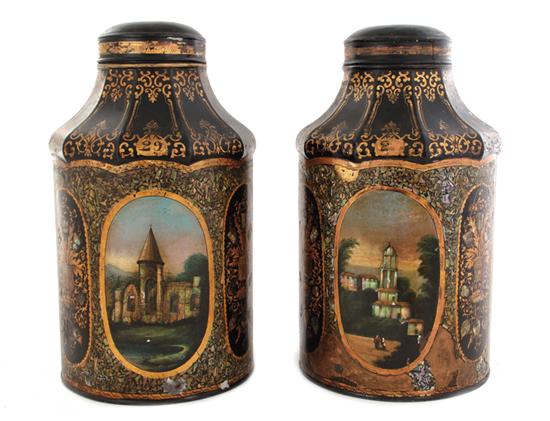 Appraisal: Pair Regency tole-painted and mother-of-pearl tea canisters th century domed