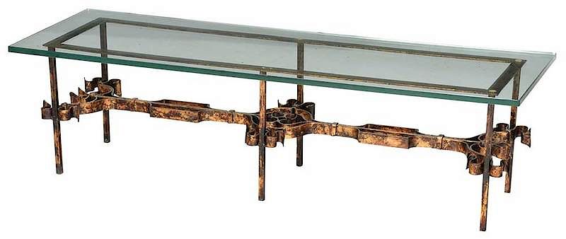 Appraisal: Gilt Wrought Iron Glass Top Coffee Table rectangular thick glass