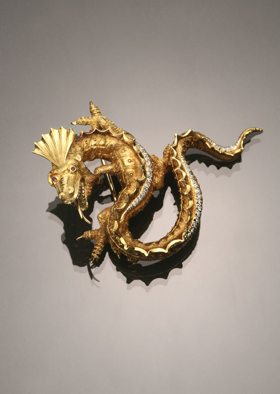 Appraisal: Tested -Karat Yellow and White-Gold Diamond and Ruby Dragon Brooch