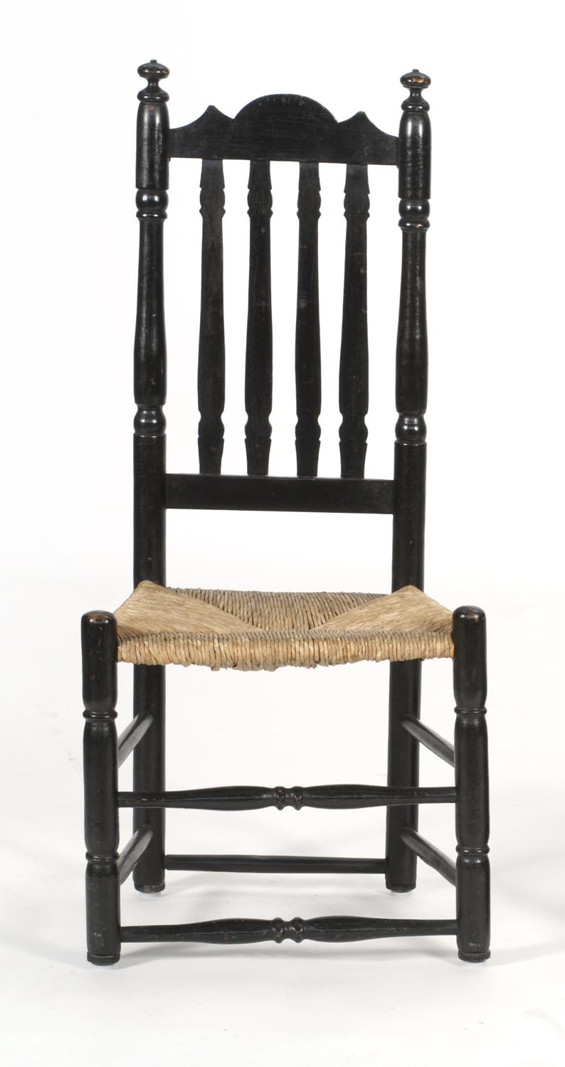 Appraisal: ANTIQUE AMERICAN BANISTER-BACK CHAIR with rush seat Black paint Cut