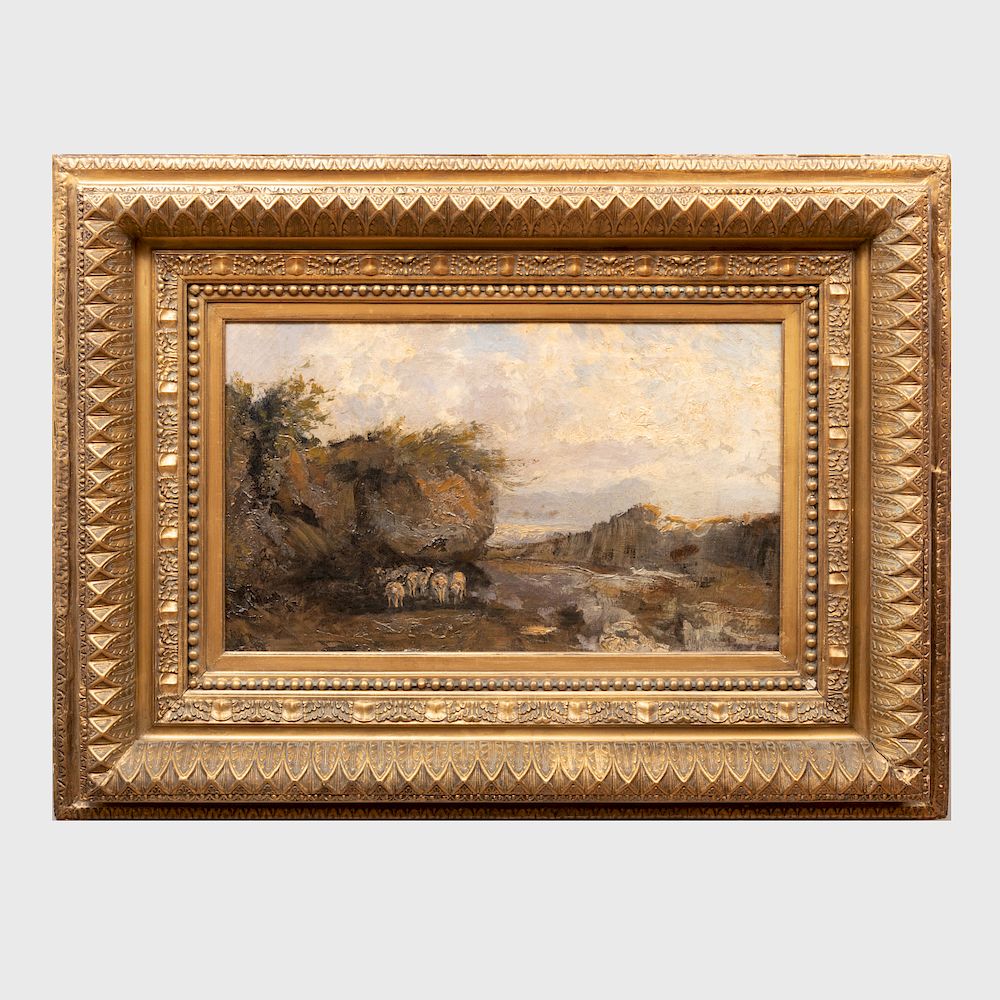 Appraisal: European School Sheep in a Rocky Landscape Oil on canvas