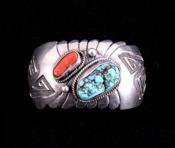 Appraisal: Navajo Sleeping Beauty Turquoise Coral Silver Cuff For your consideration