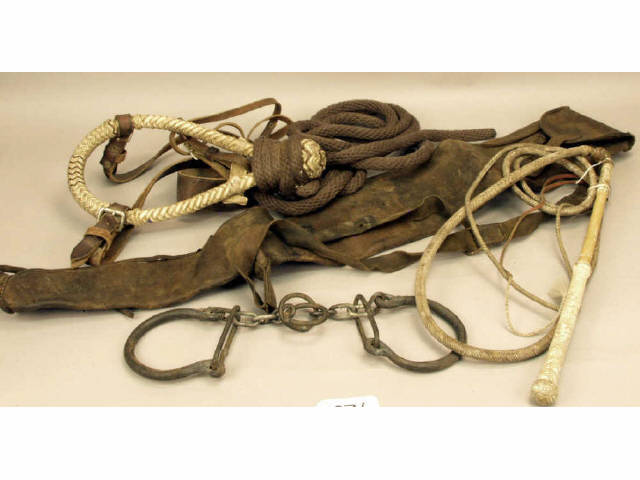 Appraisal: Collection of western items includes leather scabbard bosal hobbles and