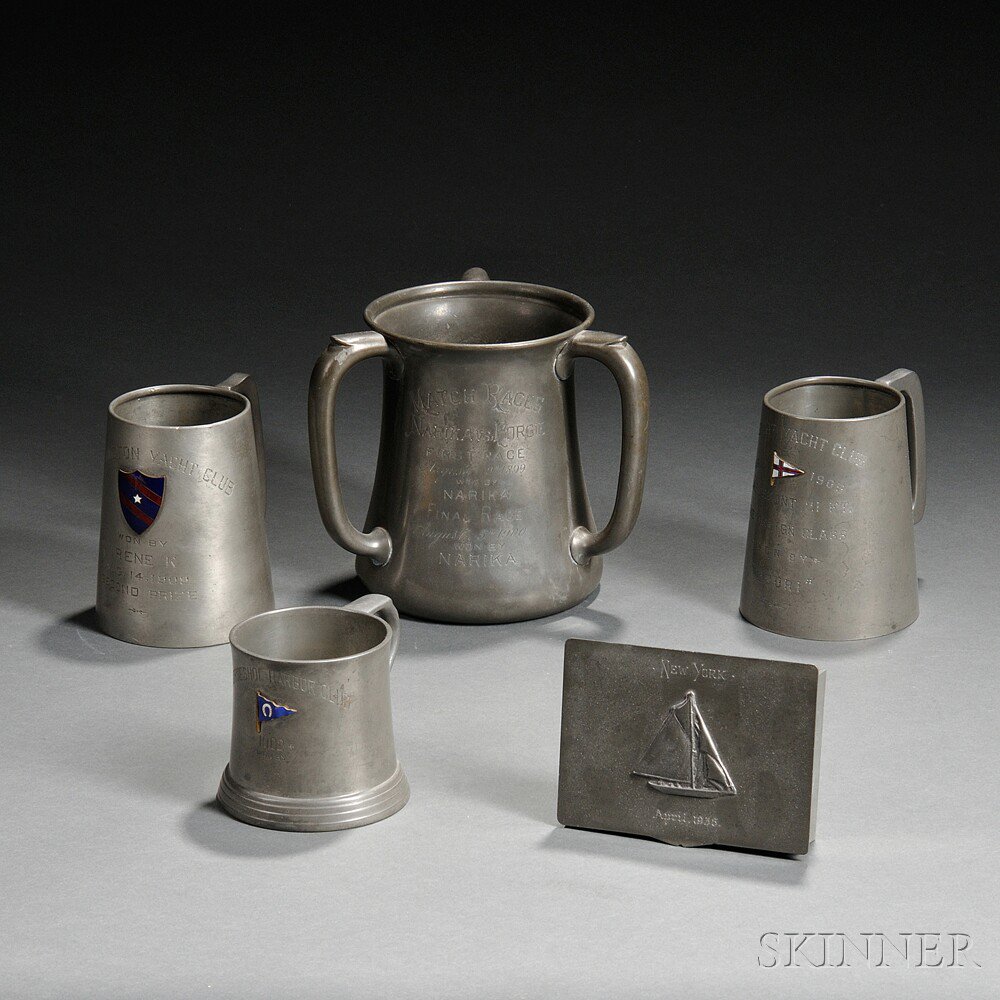 Appraisal: Five Pewter Trophies from New York Yacht Clubs three mugs