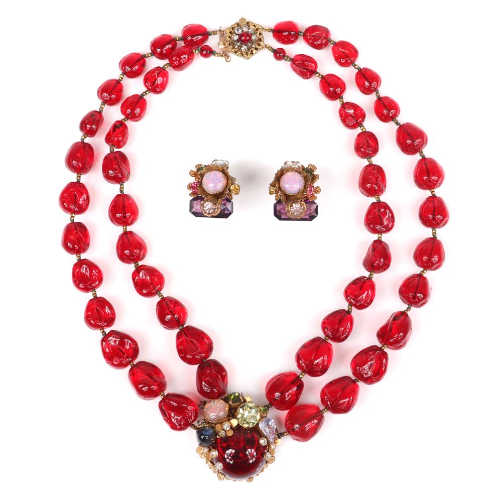 Appraisal: MIRIAM HASKELL DOUBLE STRAND TWISTED RUBY GLASS BEAD NECKLACE WITH