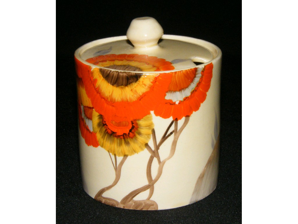 Appraisal: Clarice Cliff 'Rhodanthe' Bizarre cylindrical preserve pot and cover high