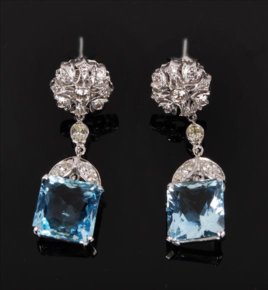 Appraisal: A pair of aquamarine and diamond earrings the square aquamarine