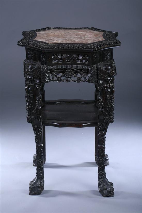 Appraisal: CHINESE ROSEWOOD AND ROSE MARBLE TWO-TIER STAND late th century