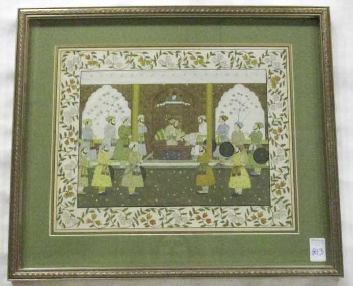 Appraisal: MUGHUL SCHOOL GOUACHE ON SILK palace scene with floral border