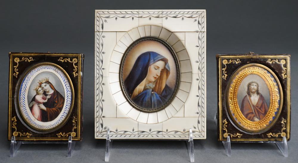 Appraisal: Miniature Portrait of Woman and Pair Religious Prints framed Portrait