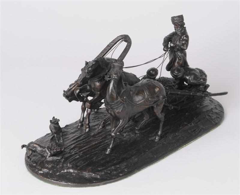 Appraisal: ATTRIBUTED TO EUGENE LANCERAY HORSE-DRAWN SLED Bronze stamped signature and