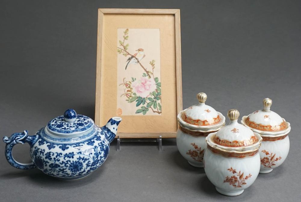 Appraisal: THREE CHINESE EXPORT POTS-DE-CREMES CHINESE BLUE AND WHITE TEAPOT AND