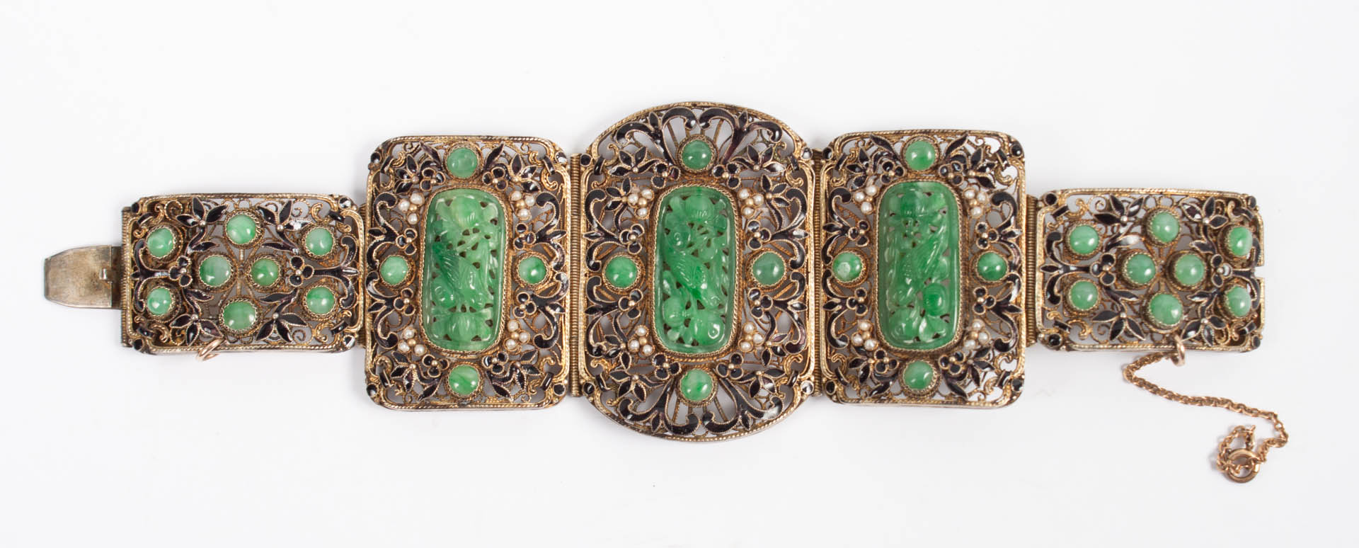 Appraisal: Chinese gilt silver carved jade bracelet openwork filigree plaquettes set