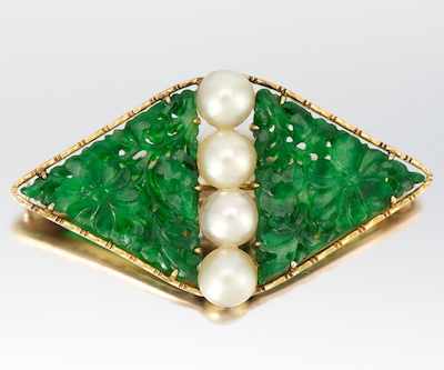 Appraisal: A Carved Jadeite and Pearl Brooches k yellow gold brooch