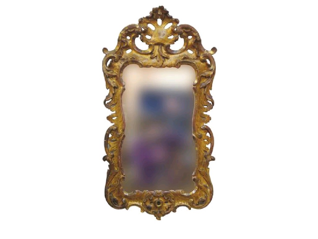 Appraisal: A GEORGE II GILTWOOD WALL MIRROR with a shaped plate