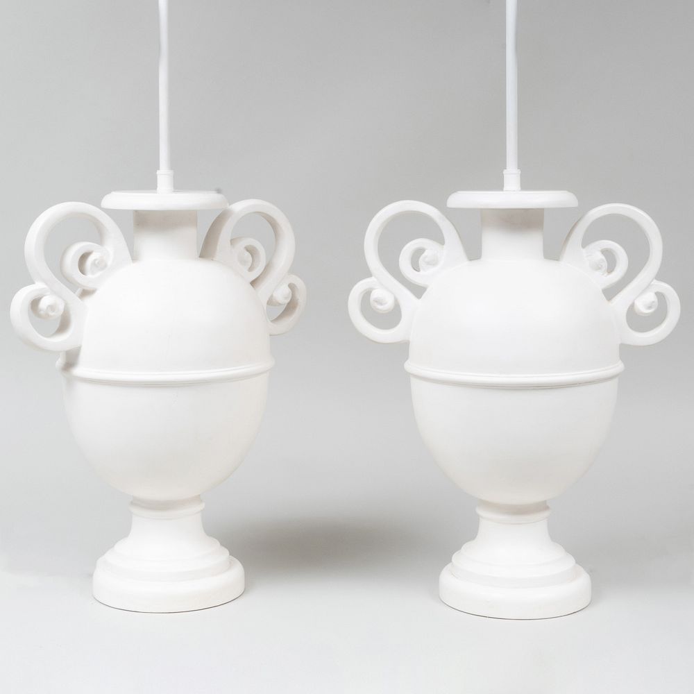 Appraisal: Pair of Sirmos White Plaster Urn Form Table Lamps x