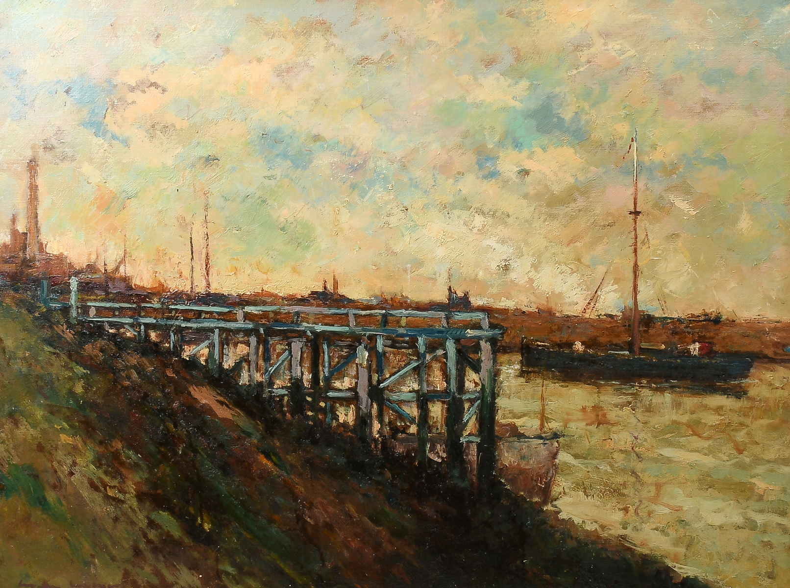 Appraisal: INDUSTRIAL THEMED MID-CENTURY EUROPEAN RIVER SCENE Oil Canvas '' x