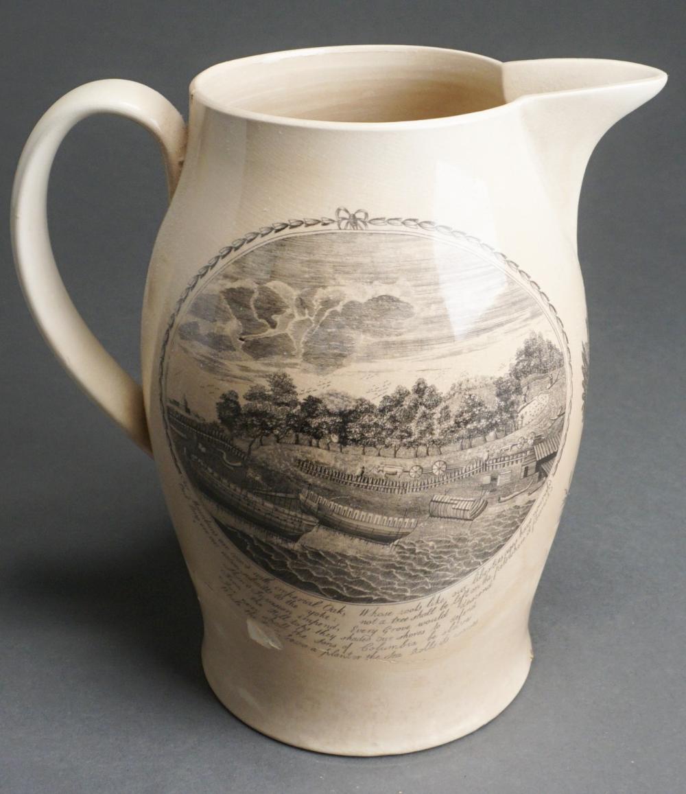 Appraisal: ENGLISH GRISAILLE TRANSFER DECORATED CREAMWARE LIVERPOOL CIDER JUG CRACKED AND