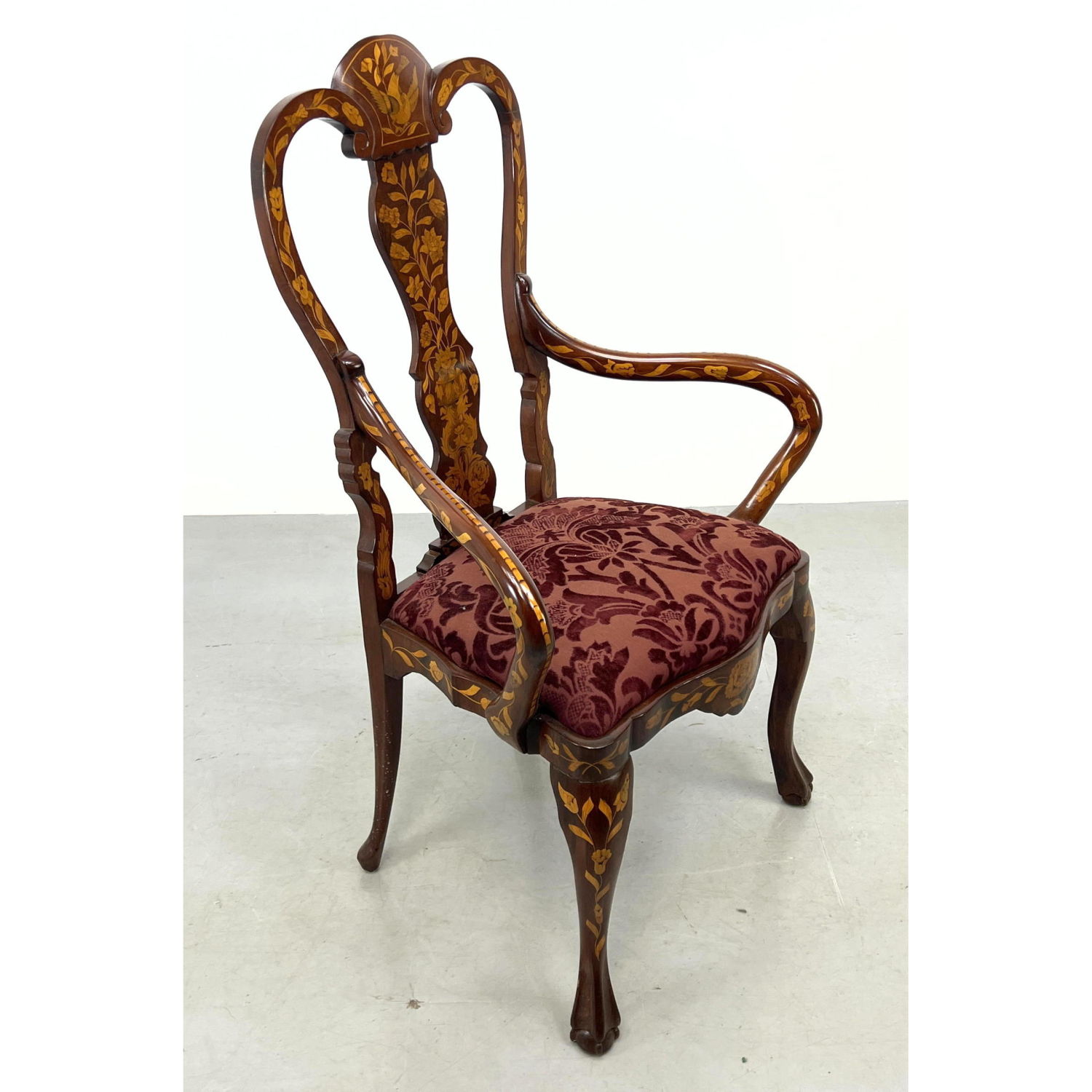 Appraisal: Elaborate Dutch Marquetry Arm Chair Floral decoration Dimensions H inches