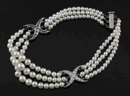 Appraisal: A 's platinum diamond and triple strand graduated seed pearl