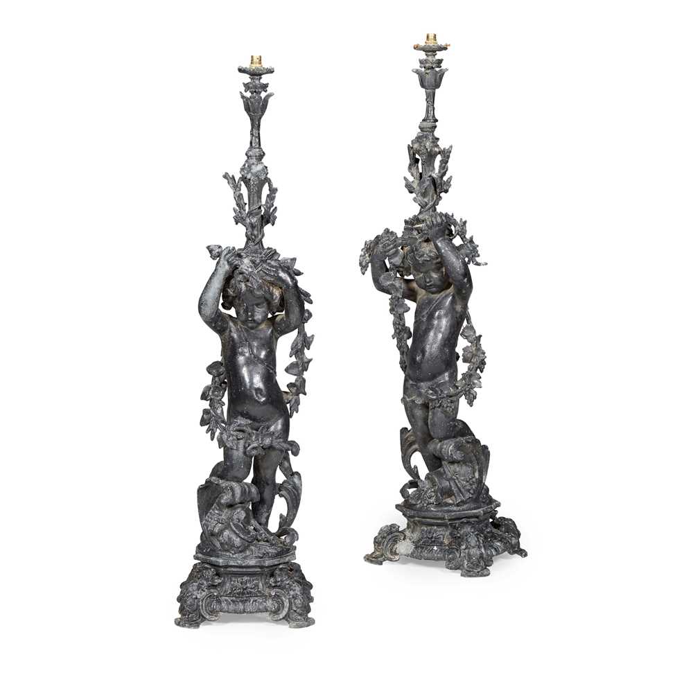 Appraisal: PAIR OF LARGE PAINTED SPELTER FIGURAL TORCHERES TH CENTURY modelled