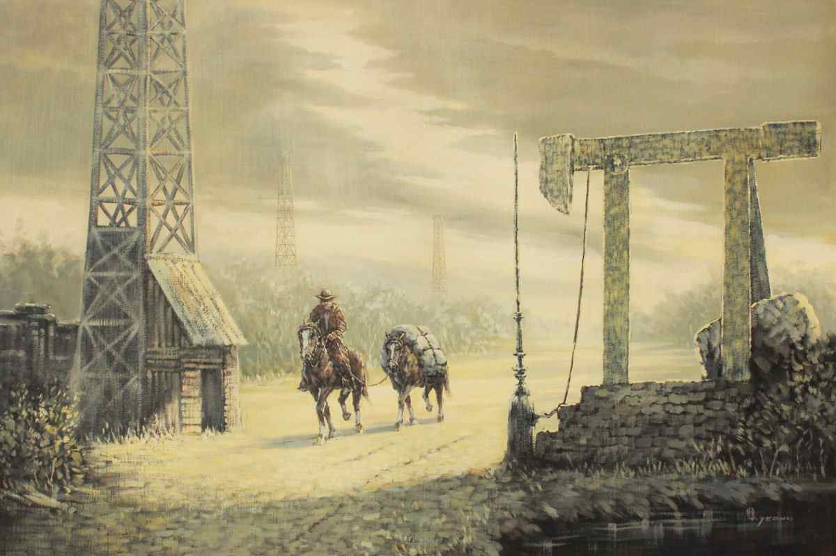 Appraisal: ILLEGIBLY SIGNED GHOST TOWN PAINTING Oil Canvas '' x ''