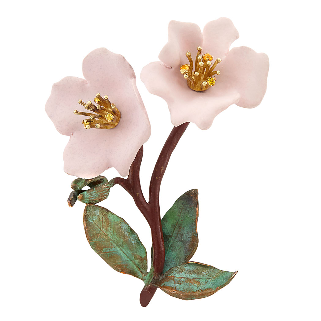 Appraisal: Gold Enamel Ceramic and Gem-Set Flower Brooch Luz Camino round