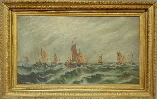 Appraisal: - Oil on canvas painting of sailing ships late th