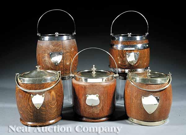 Appraisal: A Group of Five Antique English Oak and Silverplate Biscuit