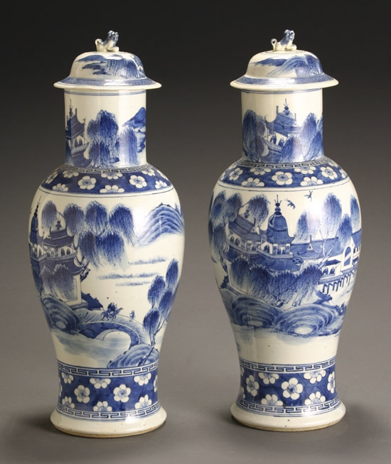 Appraisal: Pair of Chinese Export Blue and White Covered Urns Guangxu