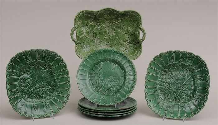 Appraisal: EIGHT ASSEMBLED ENGLISH GREEN-GLAZED POTTERY PLATES IN THE GRAPE LEAF