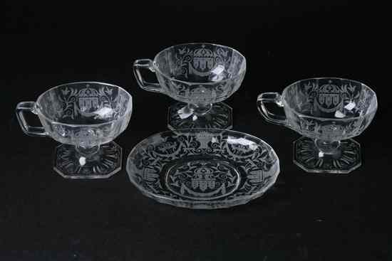 Appraisal: SET ETCHED COLORLESS CRYSTAL CUPS Cups with pedestal base faceted