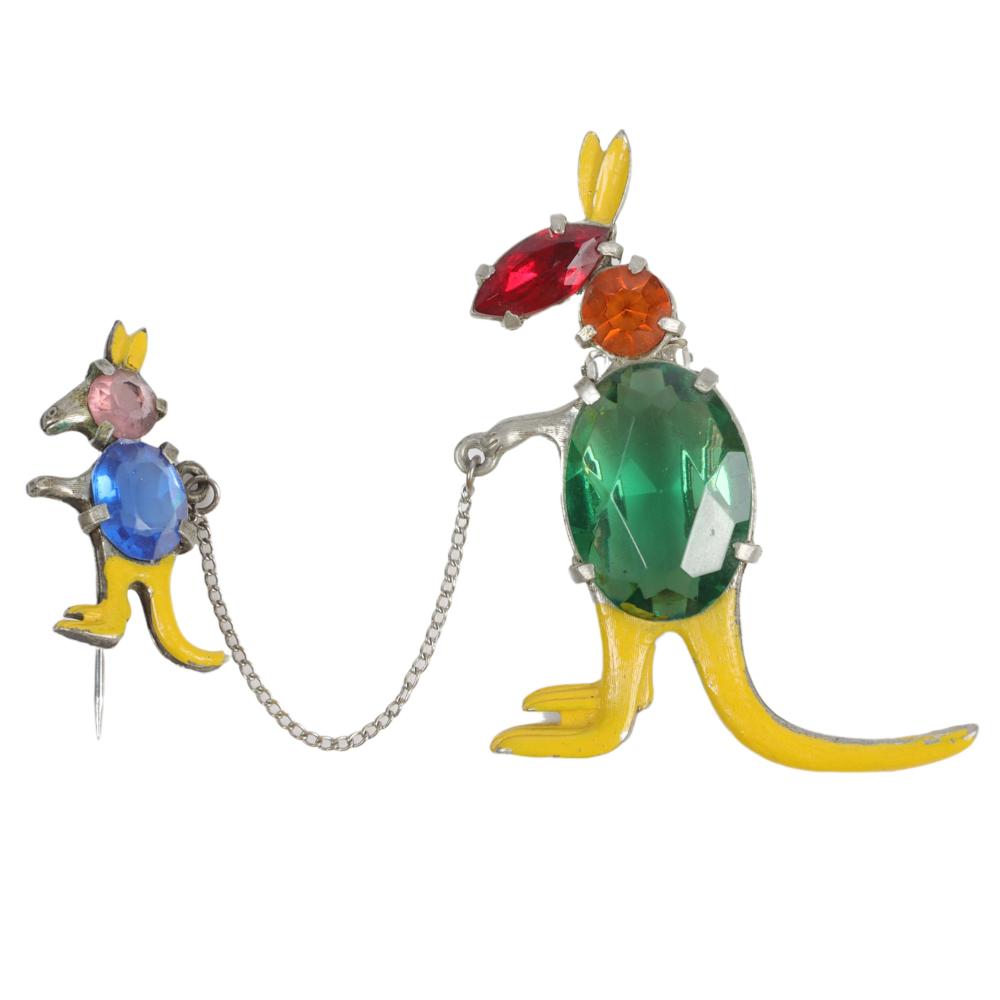 Appraisal: CORO ENAMEL KANGAROO JOEY CHATELAINE PIN CLIP WITH HUGE FACETED