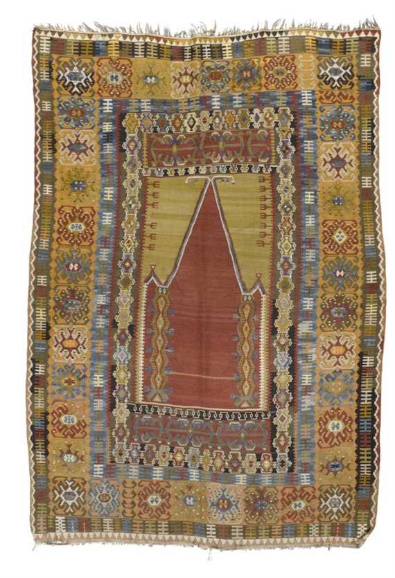 Appraisal: KILIM ANATOLIA PRAYER antique Red mihrab with green spandrels wide