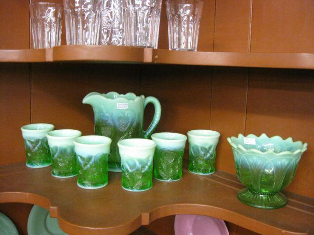 Appraisal: Green Opalescent Art Glass Water Pitcher six tumblers with inverted