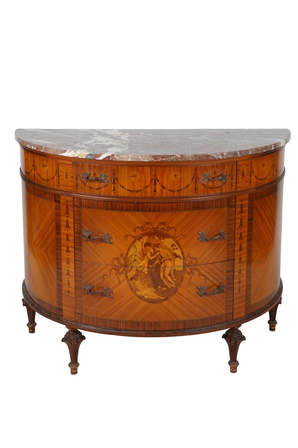 Appraisal: NEOCLASSICAL STYLE MARQUETRY DEMILUNE COMMODEwith rouge marble top over three