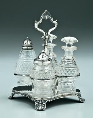 Appraisal: English silver cruet stand shaped square base scroll feet shell